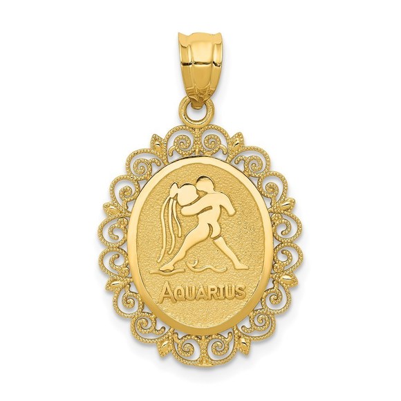 Million Charms 14k Yellow Gold Solid Satin Aquarius Zodiac Oval Charm Pendant - Picture 1 of 4